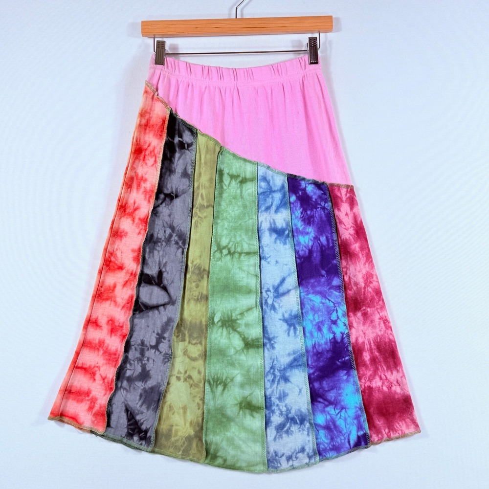 Unbranded Patchwork Midi Skirt Womens Medium Pink Rainbow Tie Dye Boho Hippie